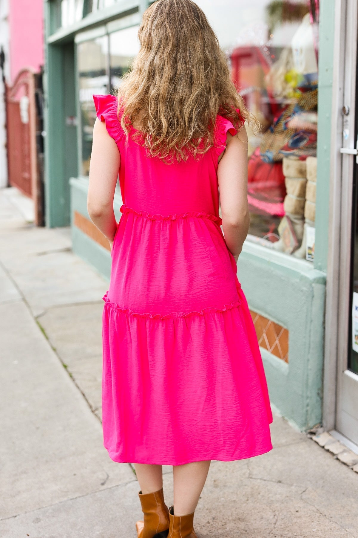 Lots To Love Fuchsia Smocked Flutter Sleeve Tiered Midi Dress (Open Pack)