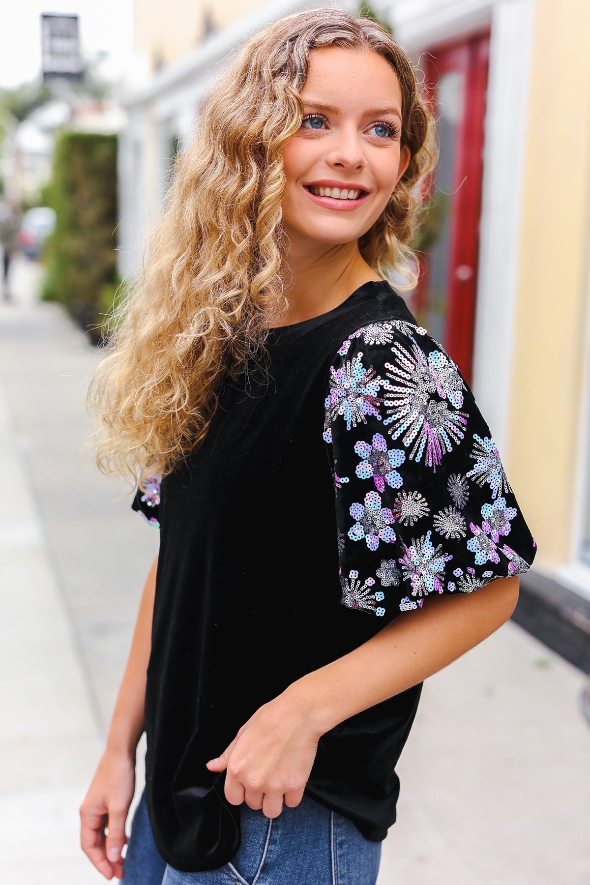 Feeling Glamorous Black Floral Sequin Puff Sleeve Velvet Top (Open Pack)