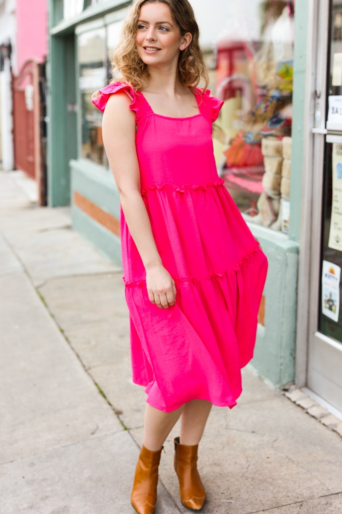 Lots To Love Fuchsia Smocked Flutter Sleeve Tiered Midi Dress (Open Pack)