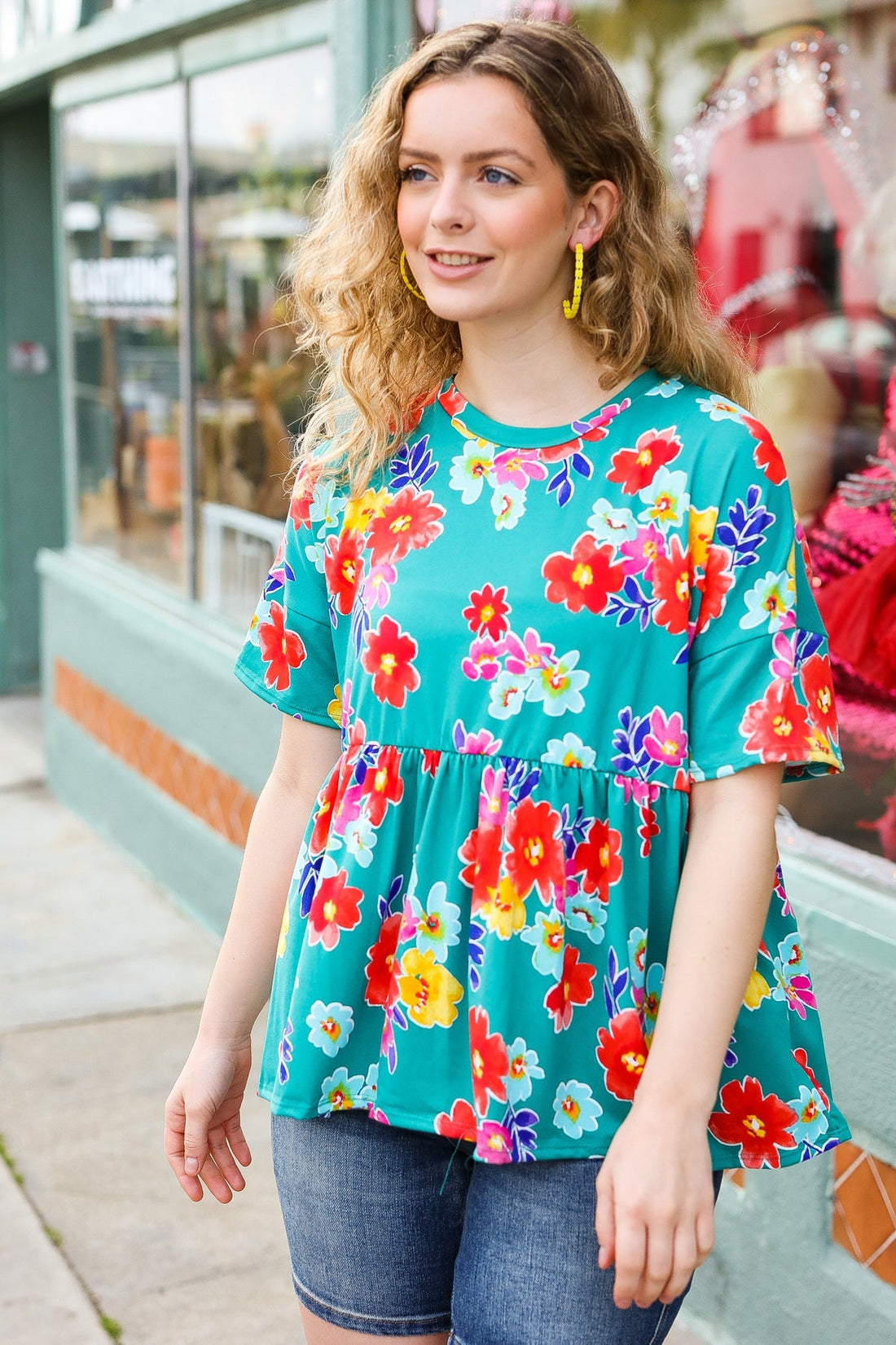 Take Me Away Teal Floral Drop Shoulder Babydoll Top (Open Pack)