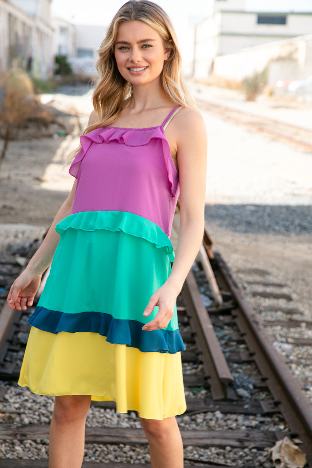 Fuchsia Shoulder Strap Color Block Tiered Ruffle Dress (Open Pack)