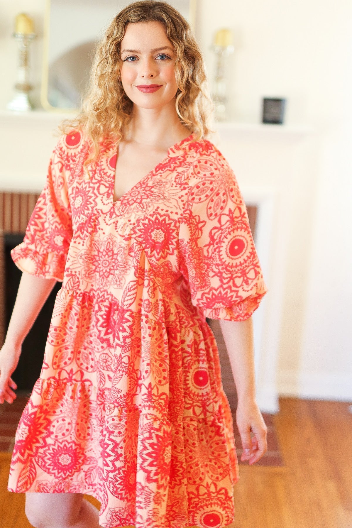 All You Need Peach & Coral Boho Floral V Neck Dress (Open Pack)