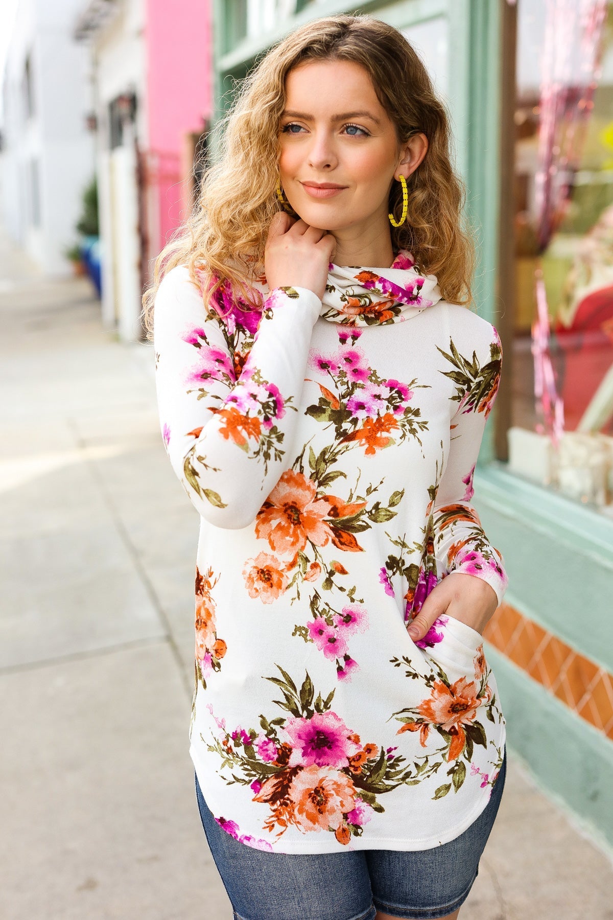 Just My Type Cream Floral Cowl Neck Sweater Top (Open Pack)