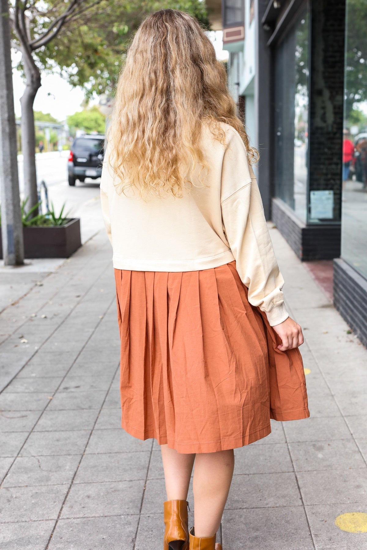 Bedazzled Cream & Rust Pleated Skirt French Terry Cotton Dress (Open Pack)