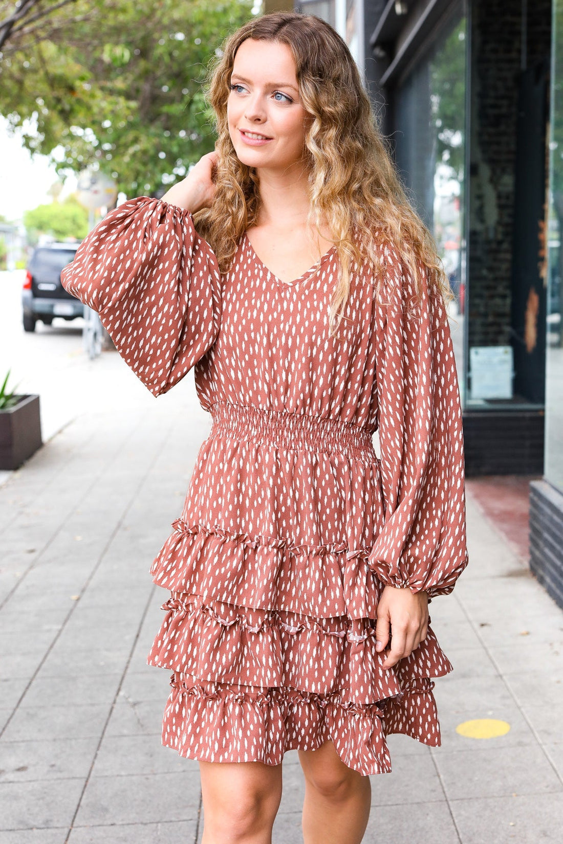 Feminine Flair Terracotta Leopard Print Ruffle Tiered Dress (Open Pack)