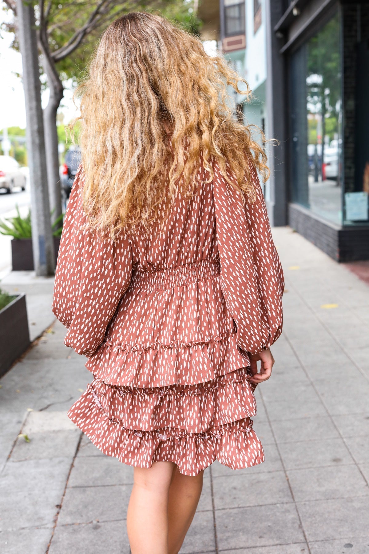 Feminine Flair Terracotta Leopard Print Ruffle Tiered Dress (Open Pack)