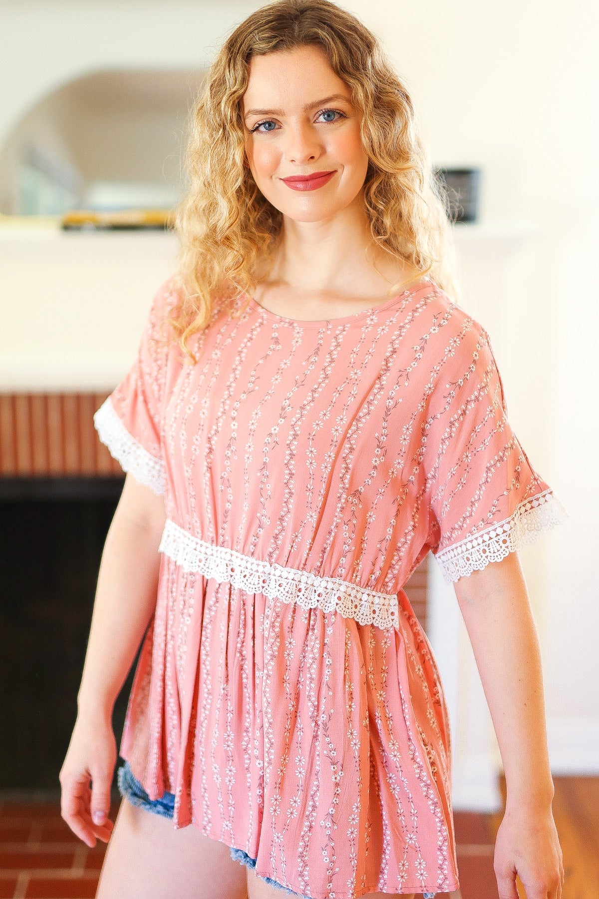 Coral Floral Rayon Challis Short Sleeve Blouse Top