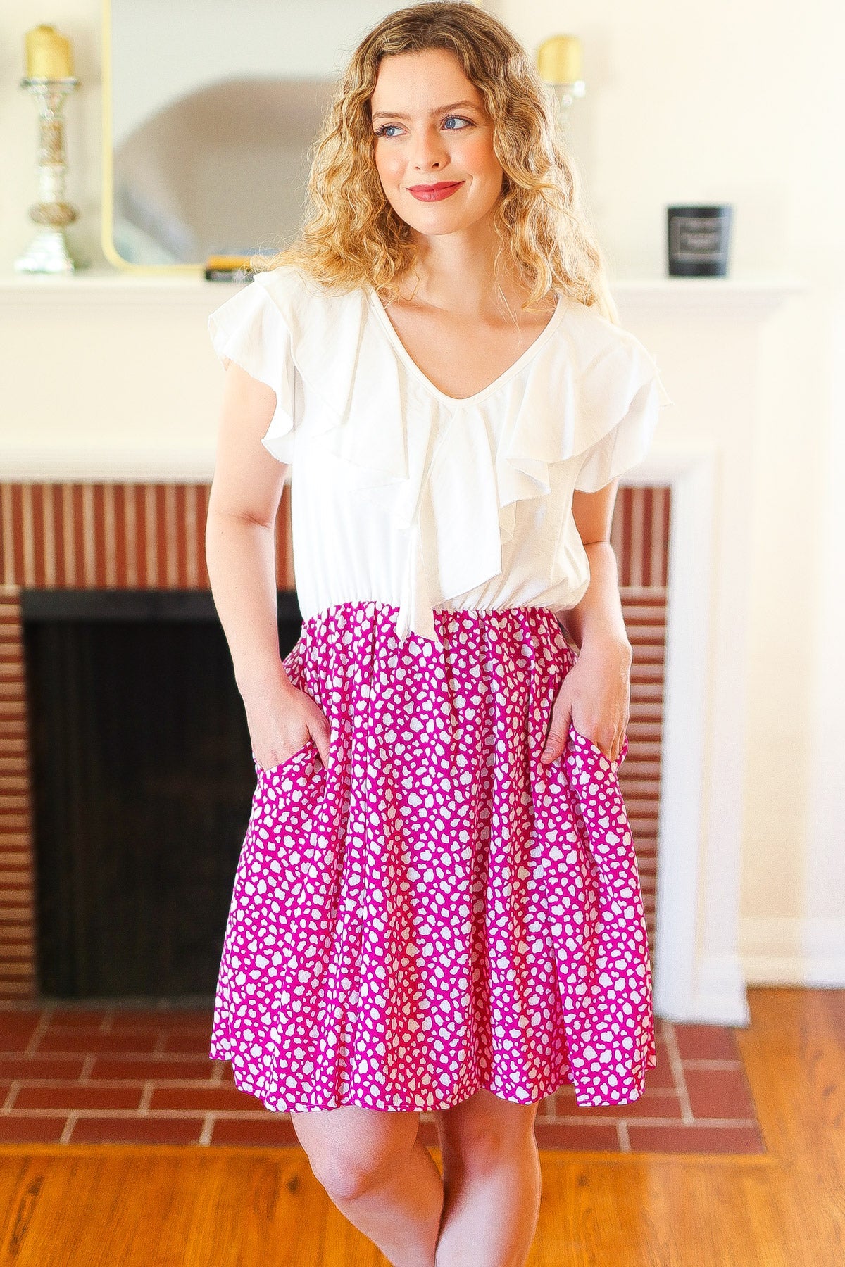Ruffle V Neck Frill Leopard Skirt Side Pockets