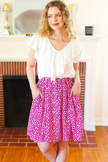 Ruffle V Neck Frill Leopard Skirt Side Pockets