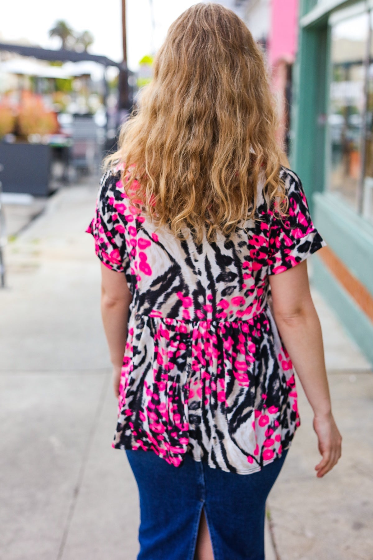 Take Me Away Pink Animal Print Babydoll V Neck Top (Open Pack)