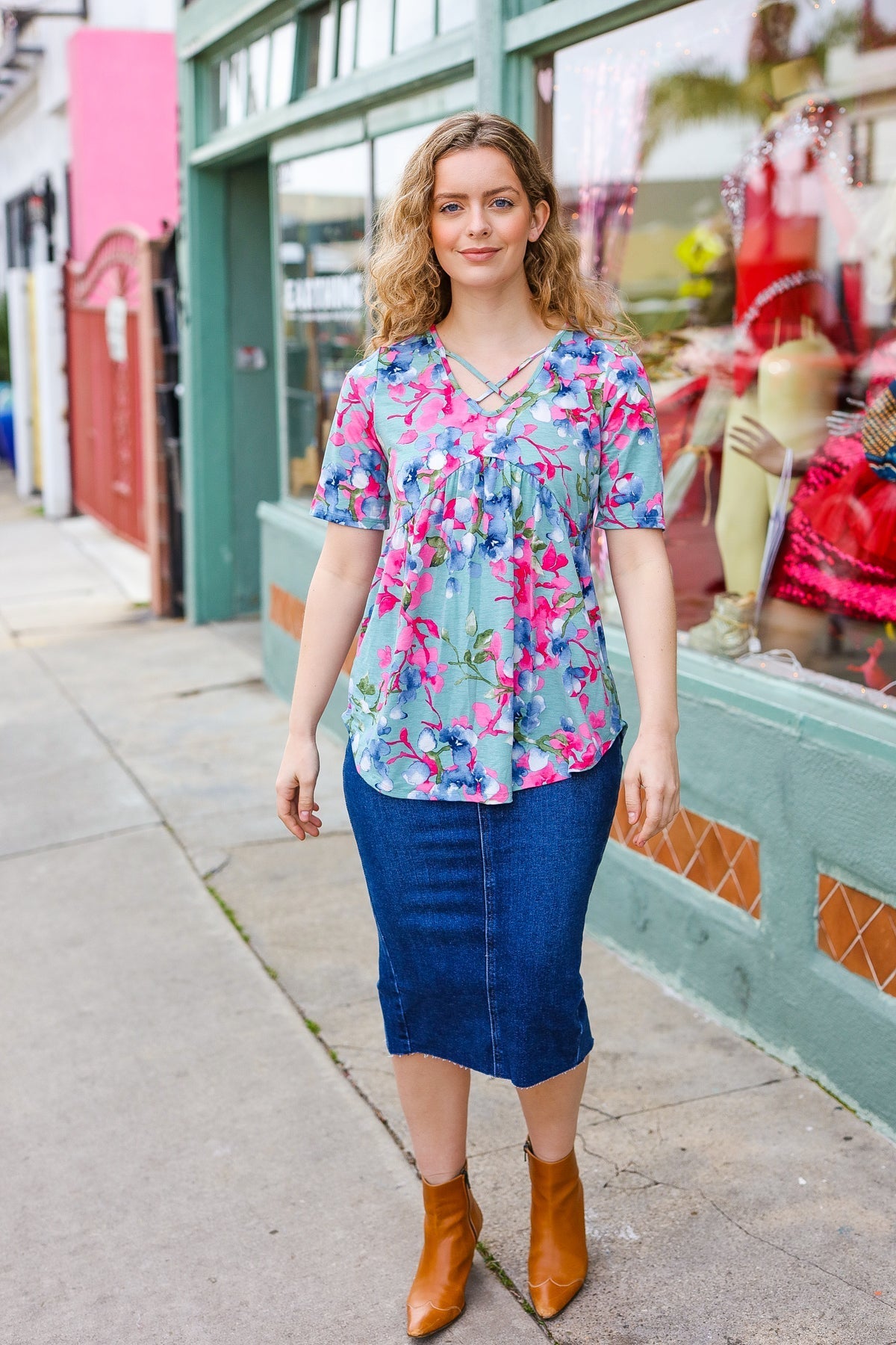 Sunny Days Light Teal Floral Criss Cross V Neck Babydoll Top (Open Pack)