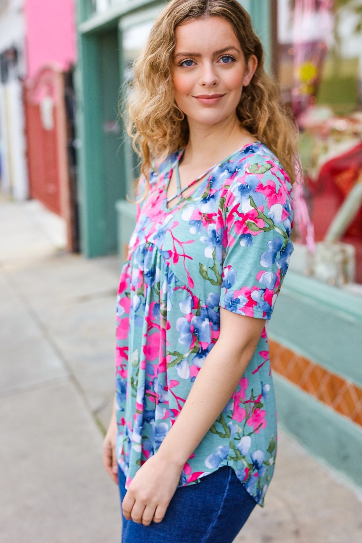 Sunny Days Light Teal Floral Criss Cross V Neck Babydoll Top (Open Pack)