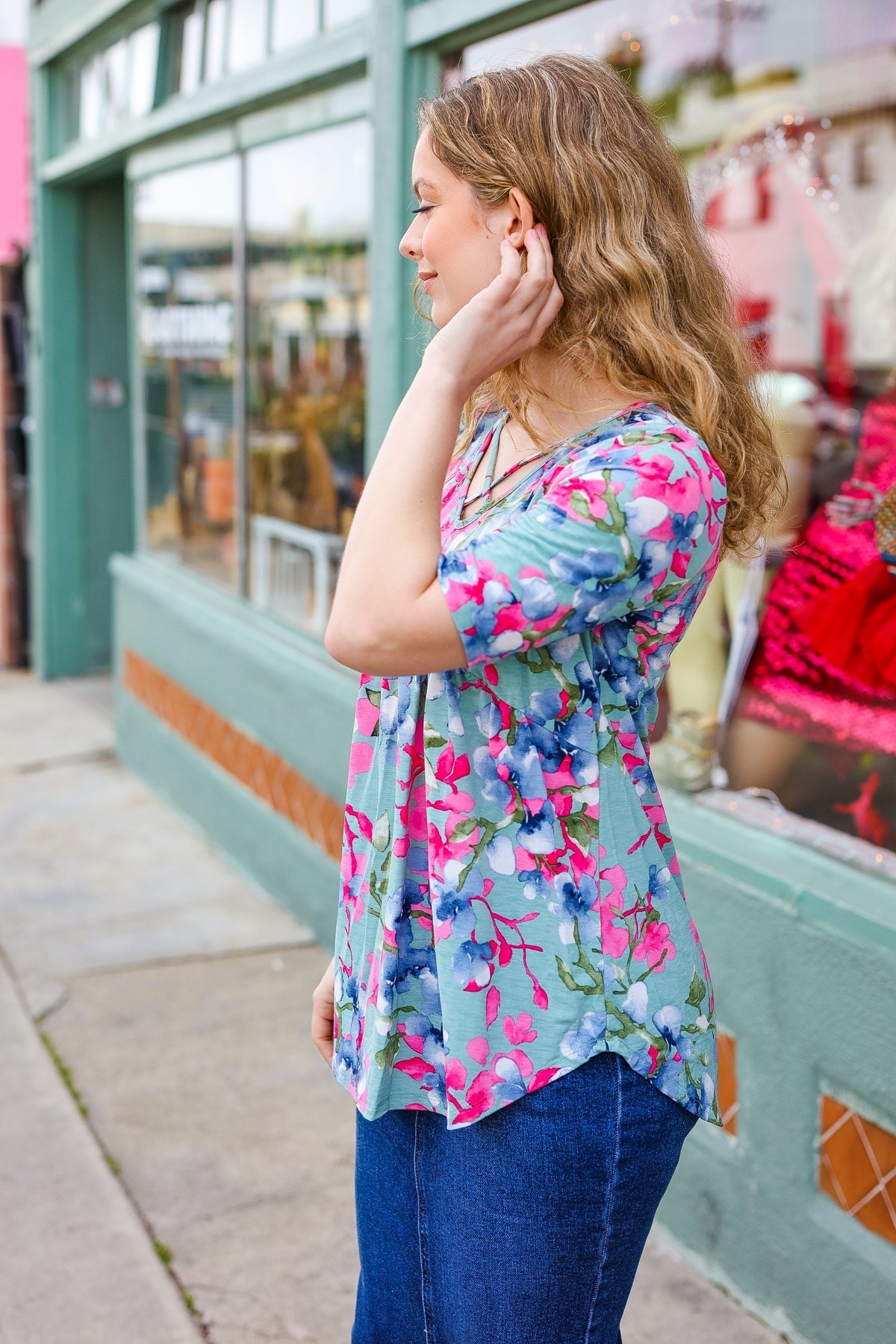 Sunny Days Light Teal Floral Criss Cross V Neck Babydoll Top (Open Pack)