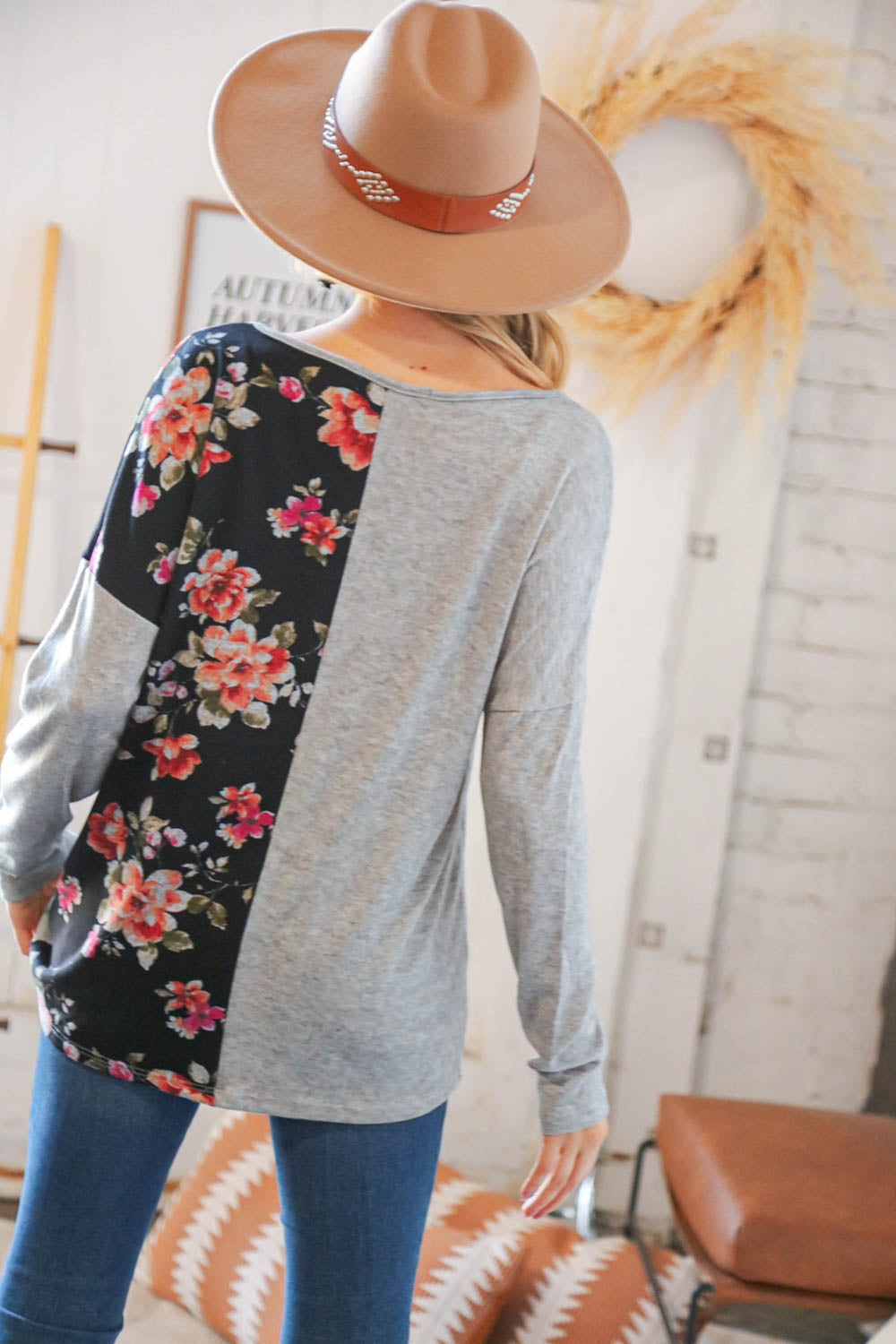 Grey & Black Floral Surplice Button Knit Top (Open Pack)