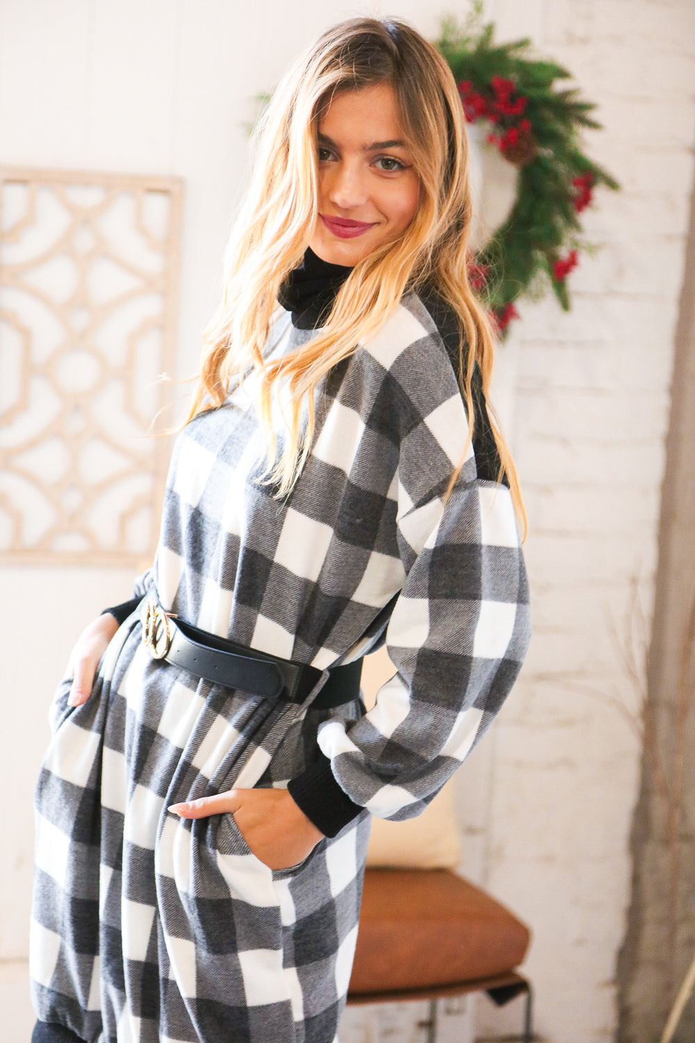 Black Buffalo Plaid Belted Sweater Dress (Open Pack)
