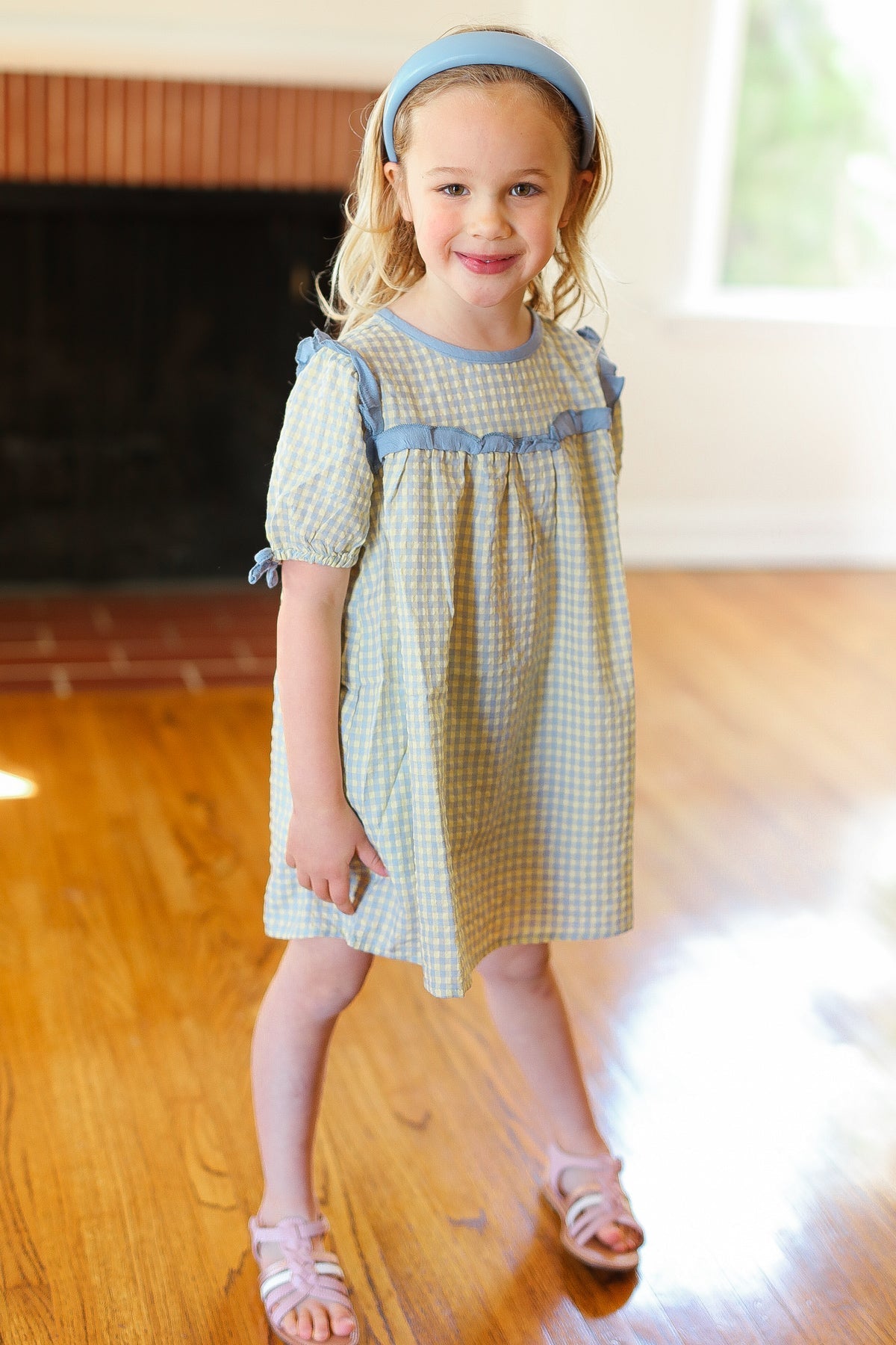 Kids Charming Blue Gingham Elastic Tie Sleeve Dress (Open Pack)