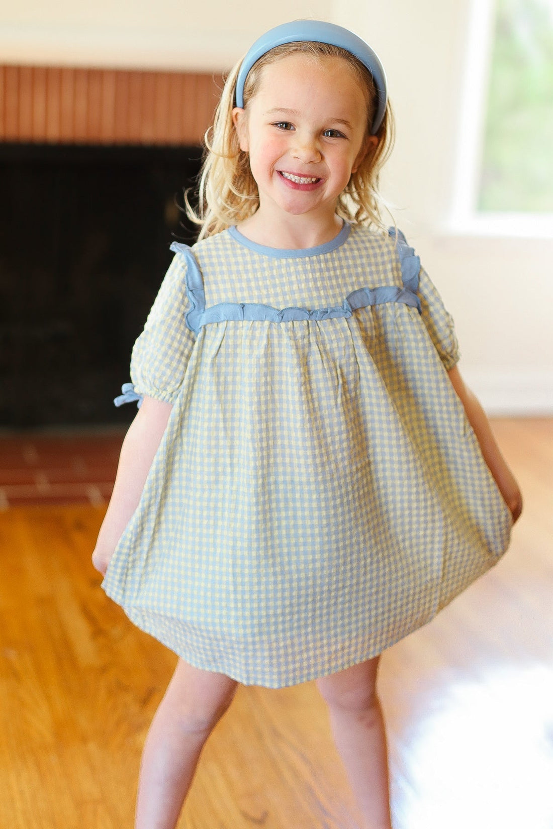 Kids Charming Blue Gingham Elastic Tie Sleeve Dress (Open Pack)