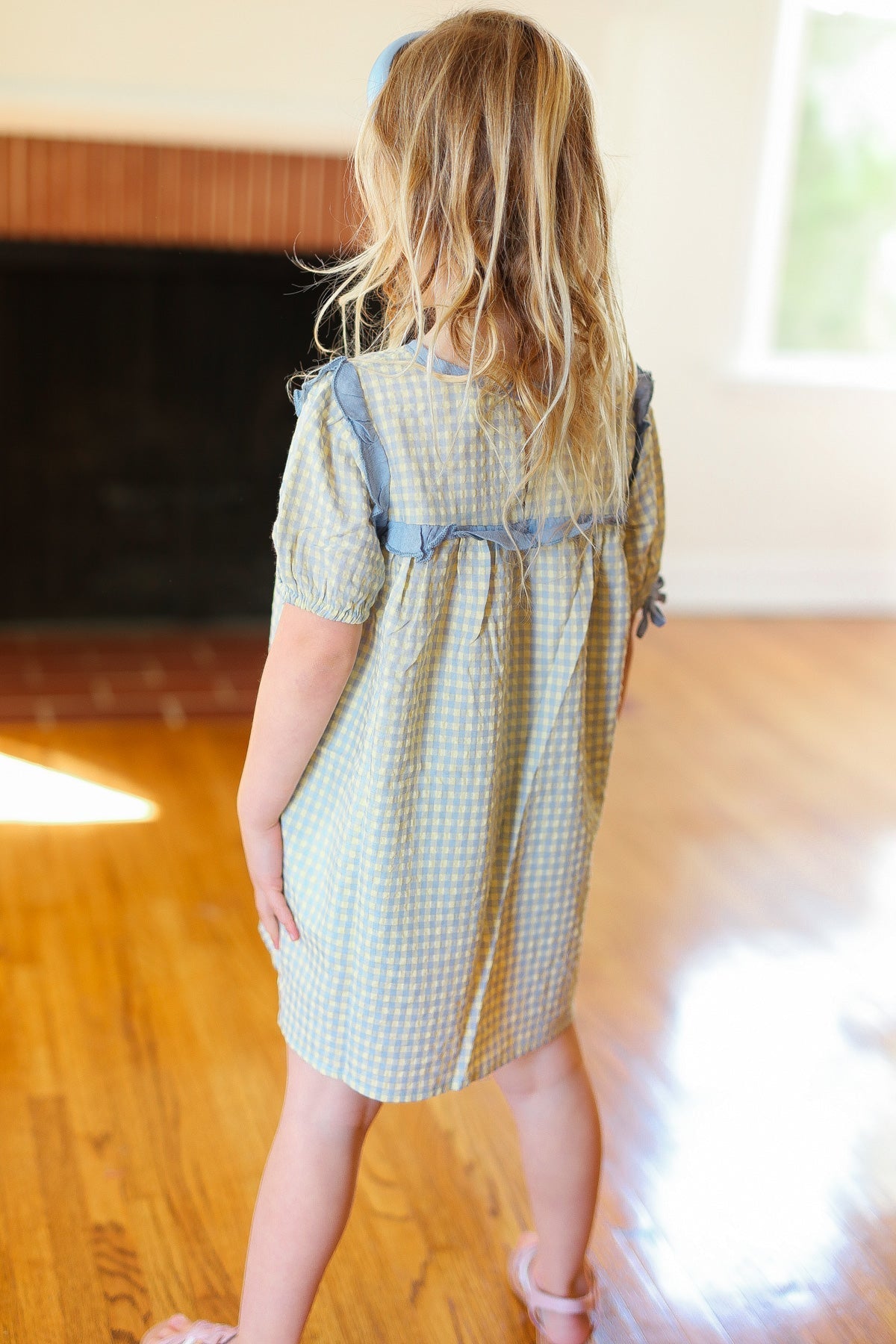 Kids Charming Blue Gingham Elastic Tie Sleeve Dress (Open Pack)
