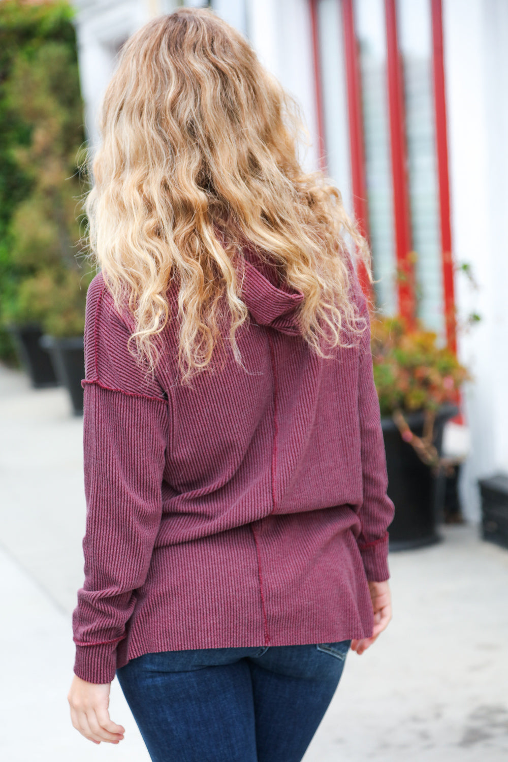 A New Day Burgundy Mineral Wash Rib Knit Hoodie (Open Pack)
