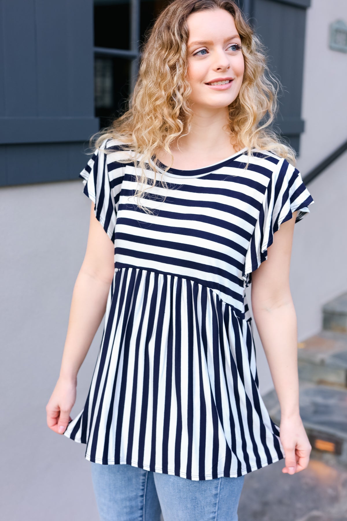 Dark Navy Ivory Stripe Short Sleeve Babydoll Top