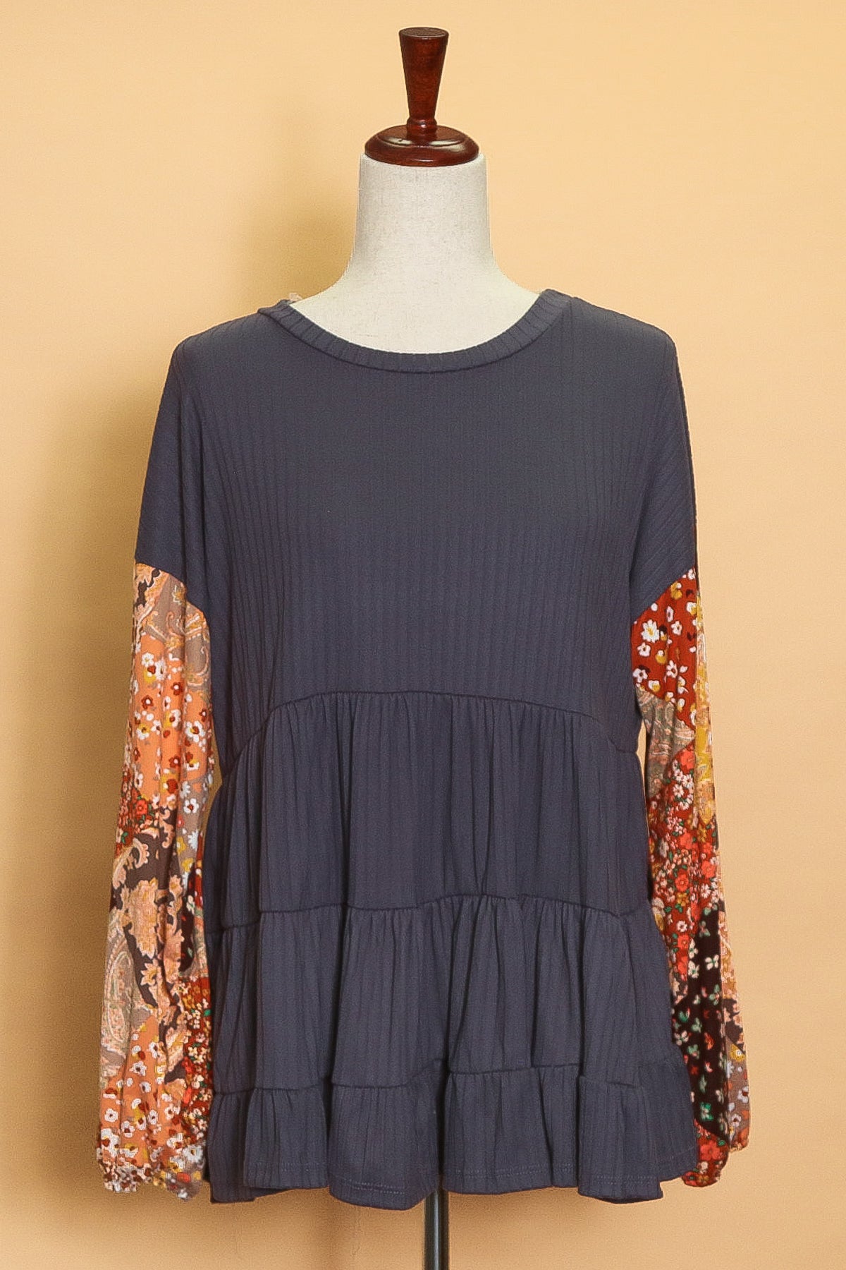 Decorative Sleeved Ribbed Tiered Blouse