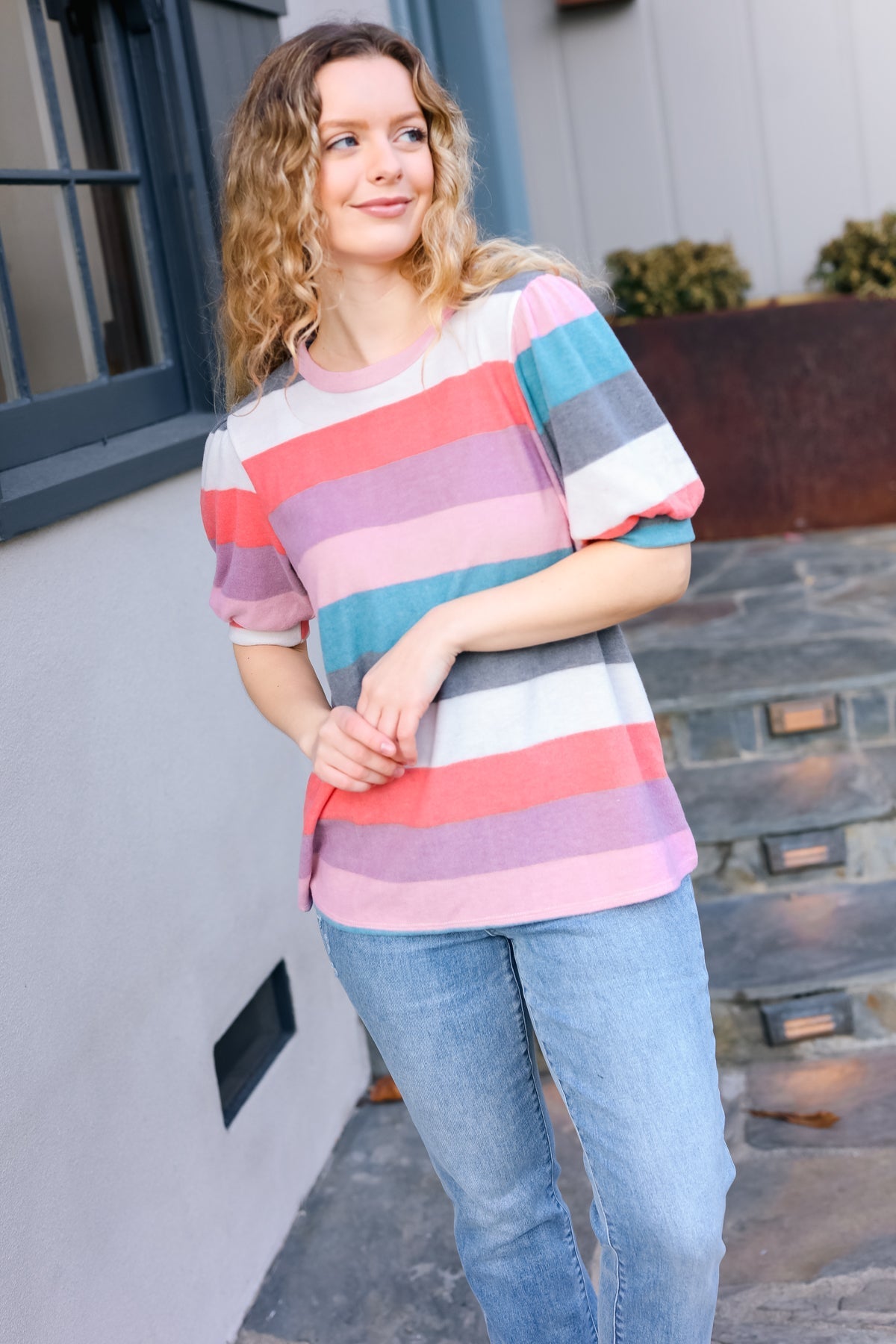 Look Out Teal & Rose Striped Hacci Knit Puff Sleeve Top (Open Pack)