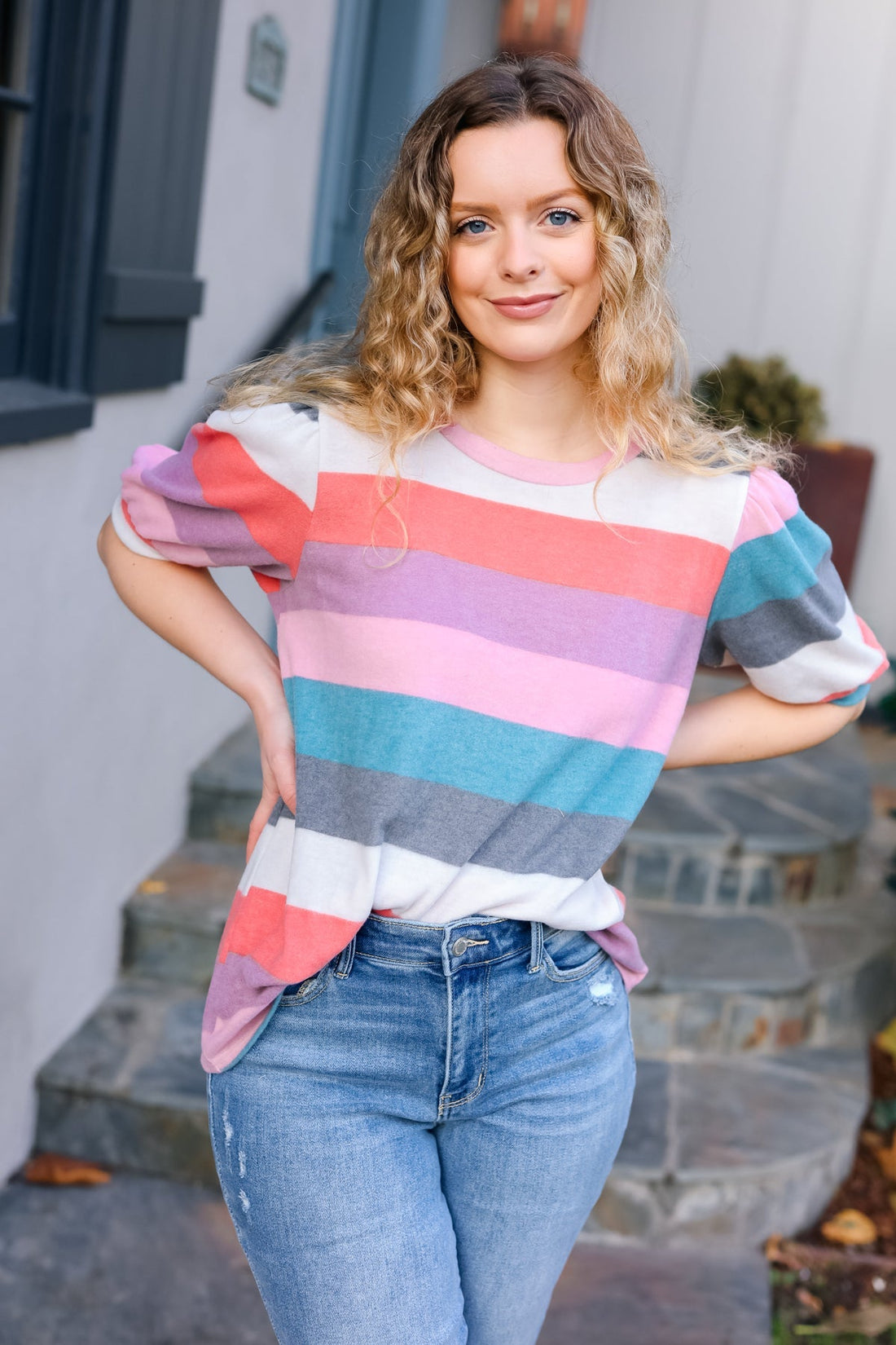 Look Out Teal & Rose Striped Hacci Knit Puff Sleeve Top (Open Pack)