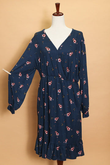 Plus Navy Surplice Floral Ruffle Hem Dress (5pc)