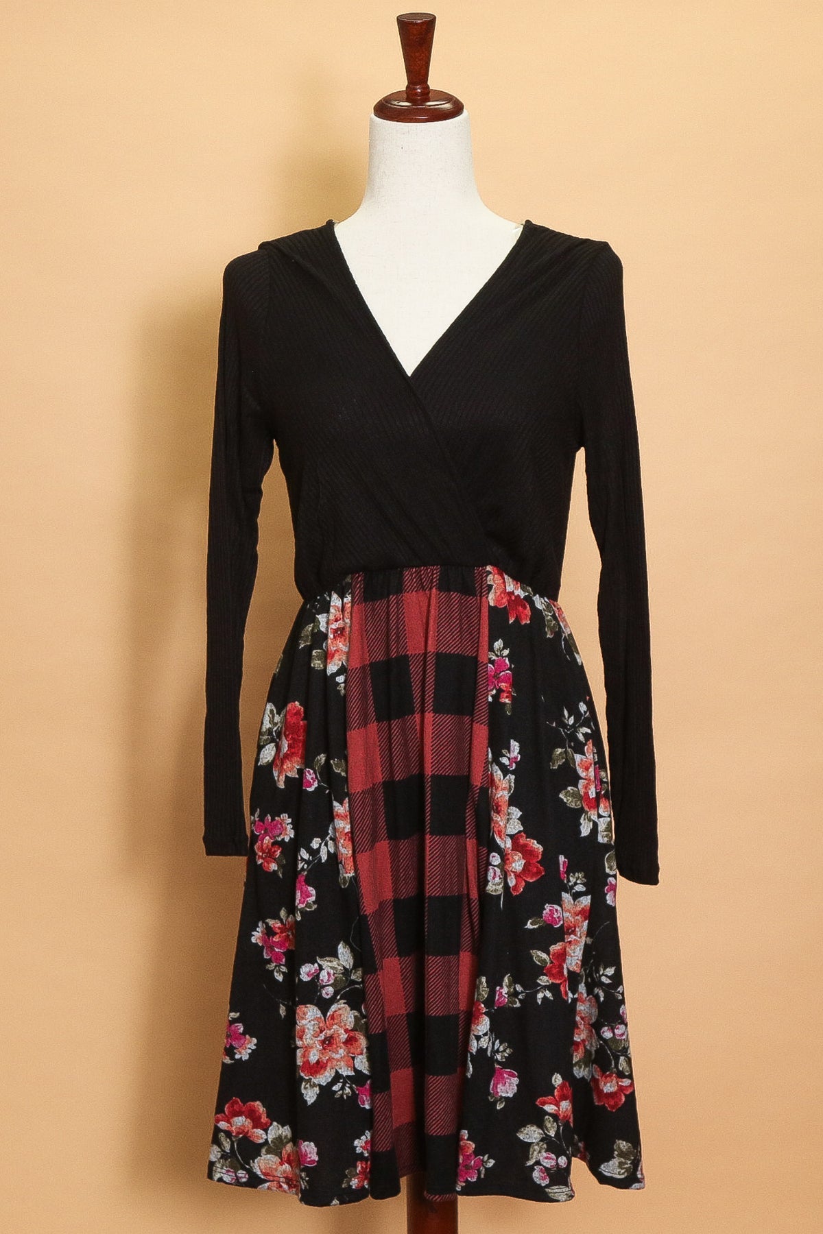 Black Surplice Plaid Floral Dress (4pc)