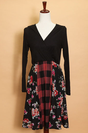 Black Surplice Plaid Floral Dress (4pc)