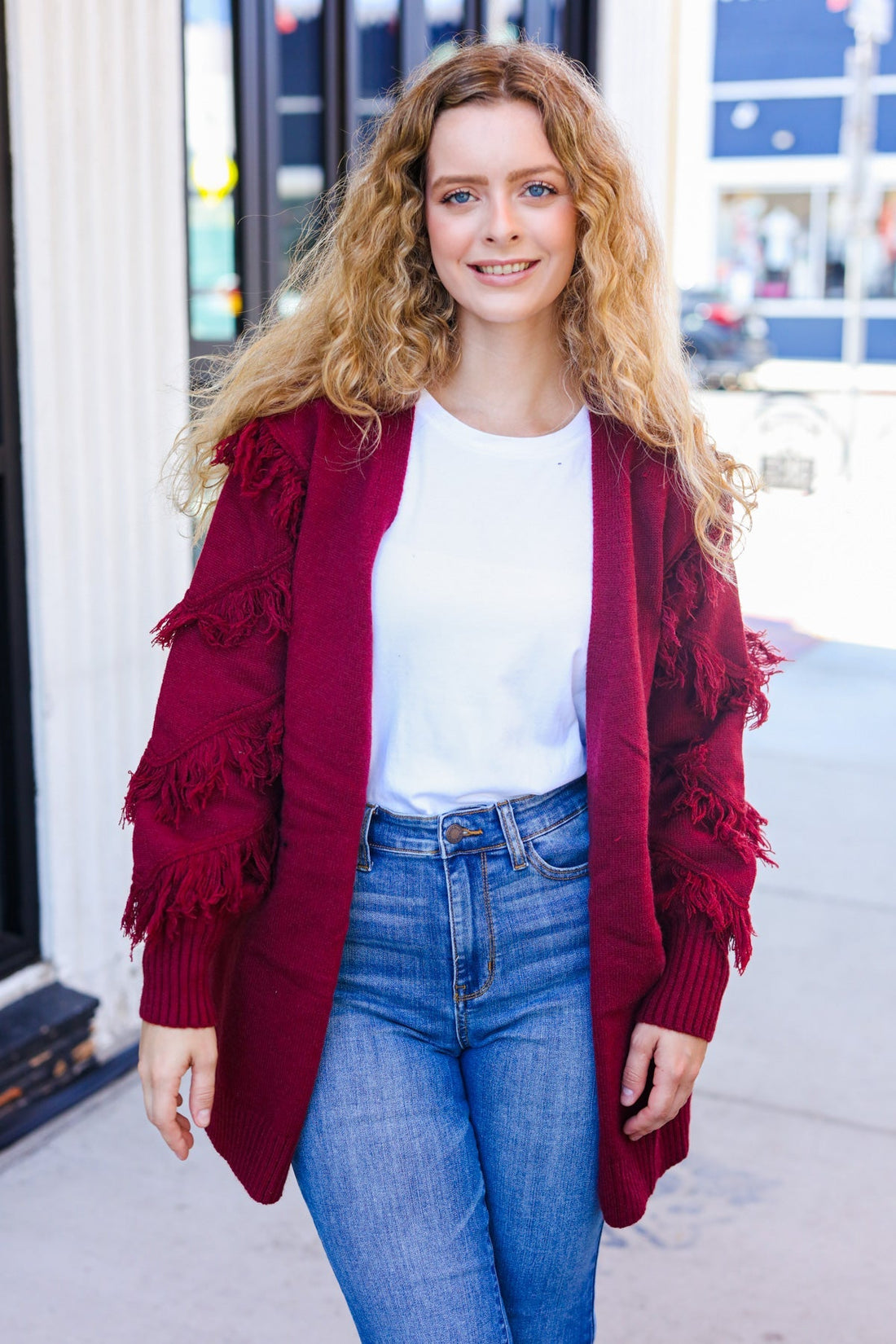 Beautiful You Burgundy Fringe Detail Knit Cardigan (Open Pack)