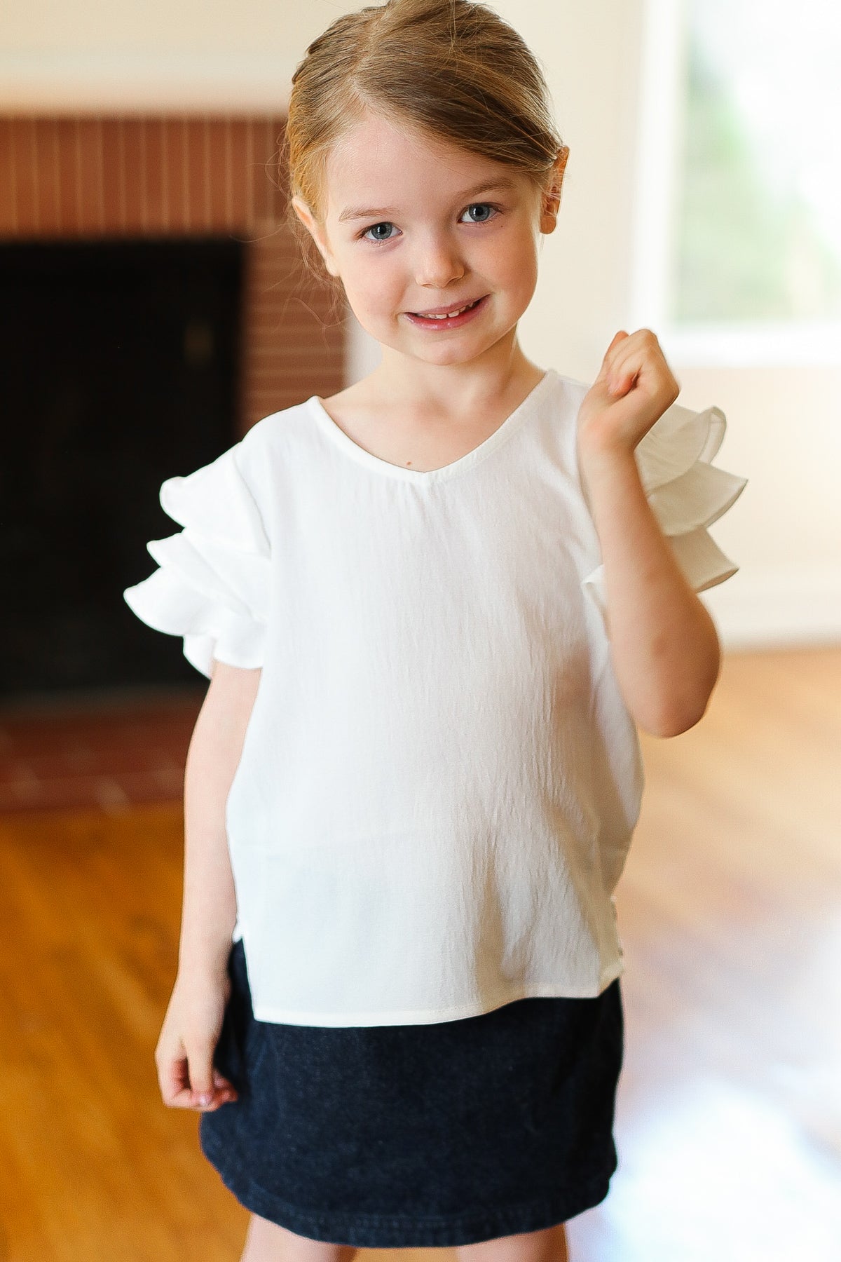 Kids Lovable Linen Feel V Neck Ruffle Sleeve Top (Open Pack)