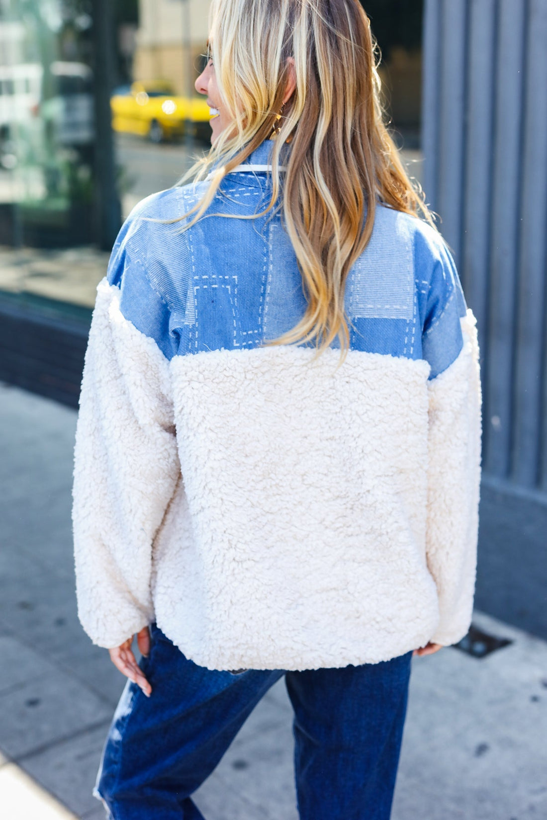 Good Vibes Denim & Ivory Patchwork Sherpa Half Zip Pullover (Open Pack)