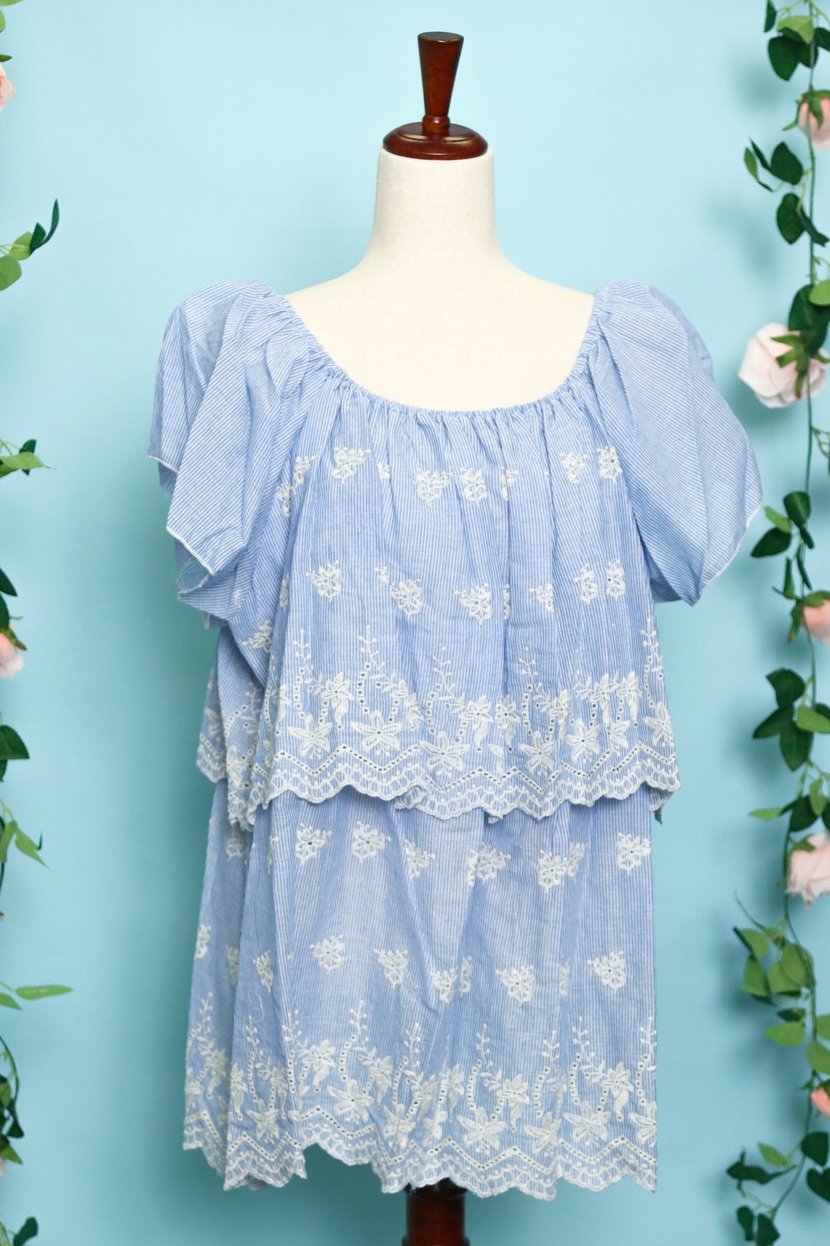 Plus Stripe Embroidered Scallop Tiered Top