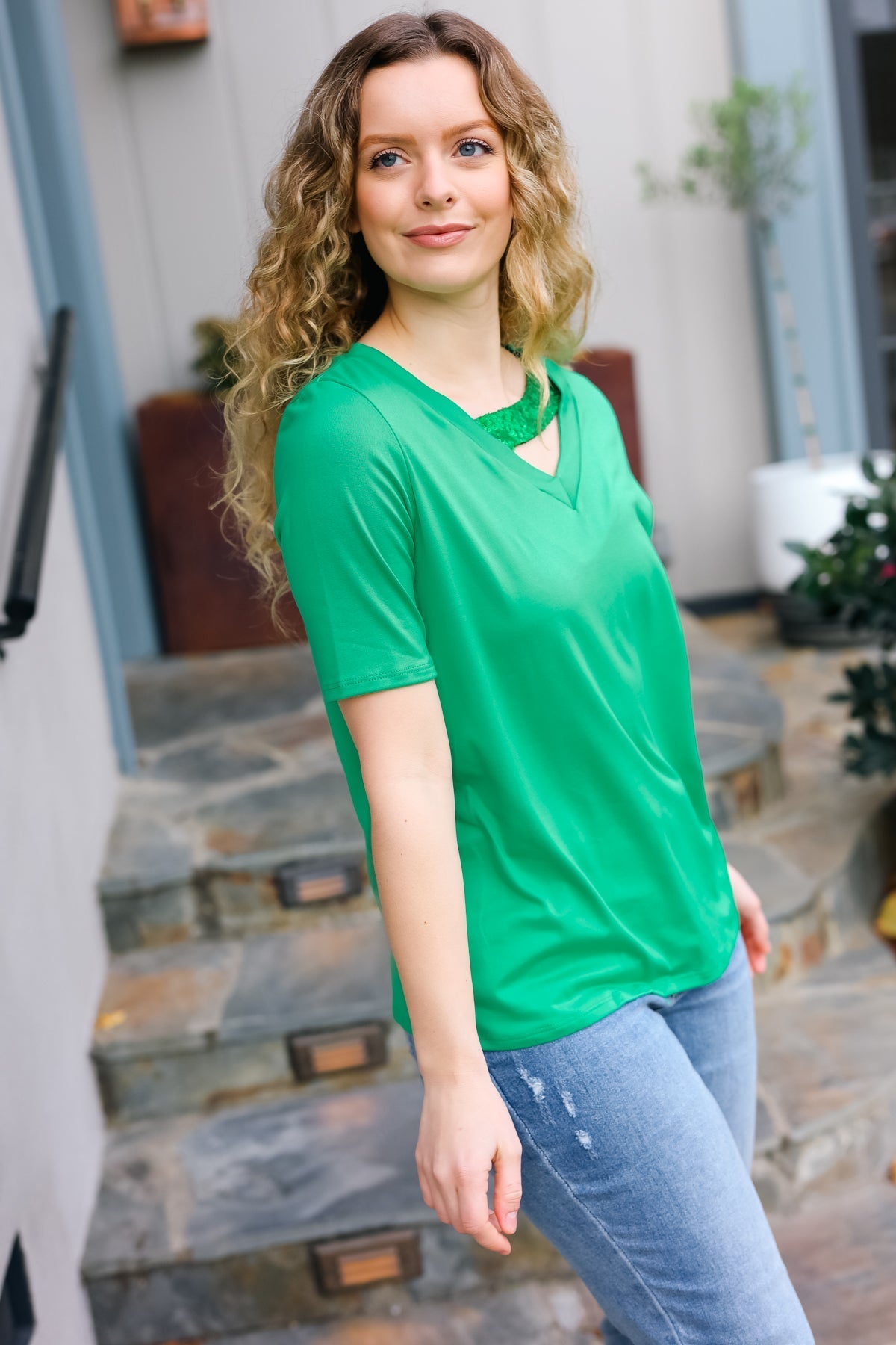 Saint Patrick Asymmetrical Sequin Banded V Neck Top (Open Pack)
