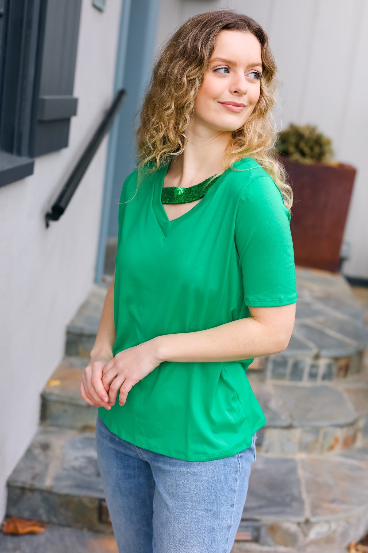 Saint Patrick Asymmetrical Sequin Banded V Neck Top (Open Pack)