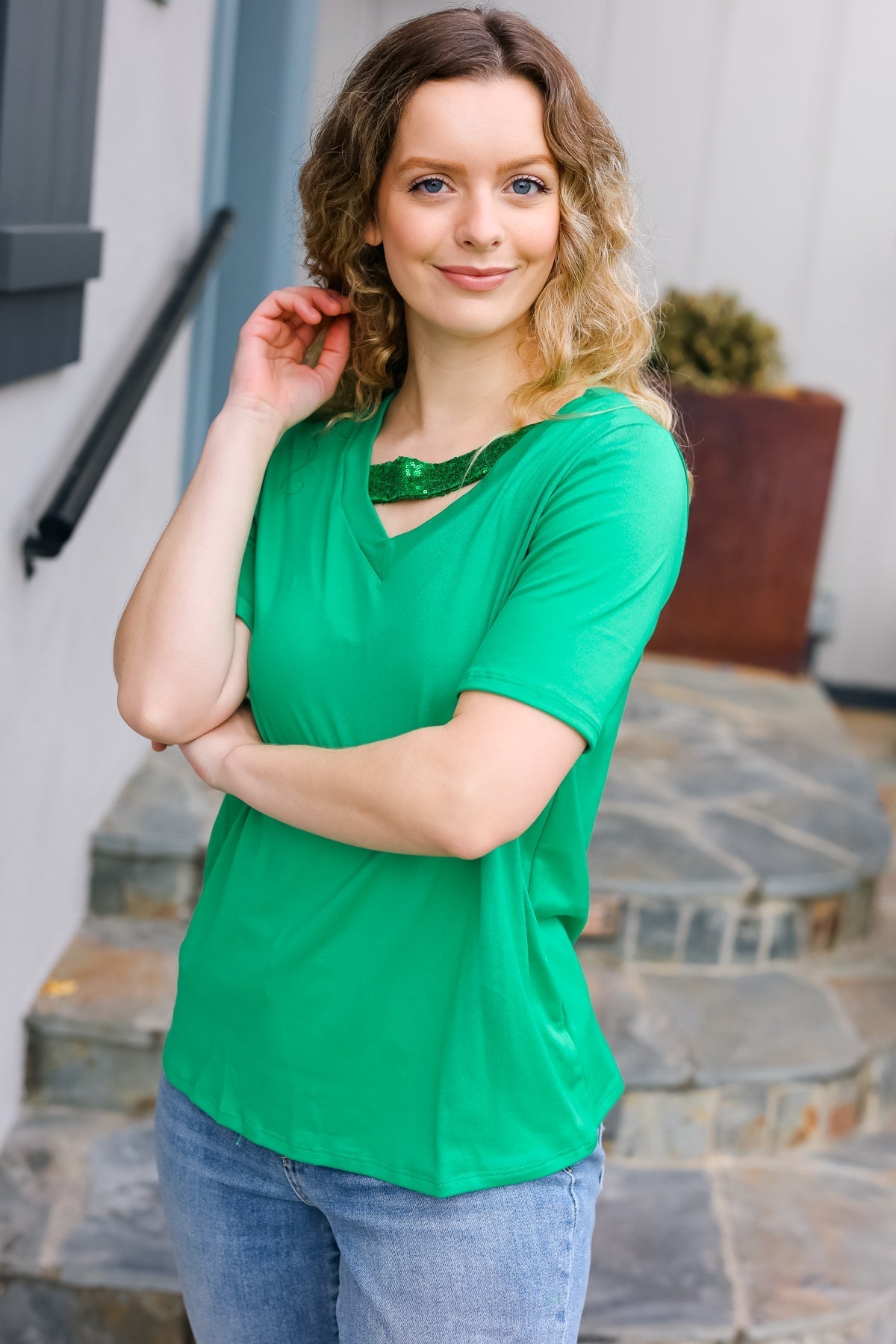 Saint Patrick Asymmetrical Sequin Banded V Neck Top (Open Pack)