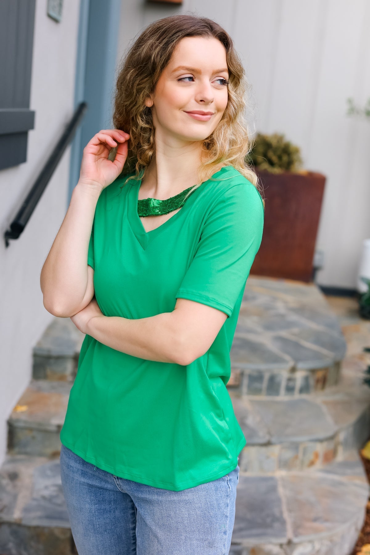 Saint Patrick Asymmetrical Sequin Banded V Neck Top (Open Pack)