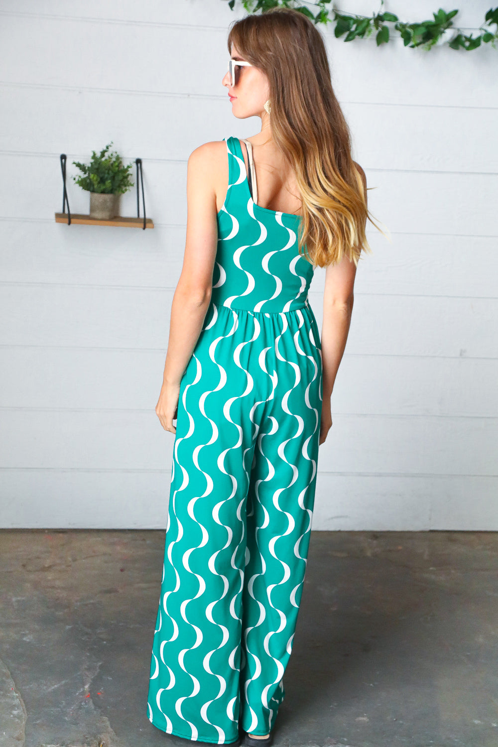 Kelly Green Abstract Wave Button Jumpsuit (Open Pack)
