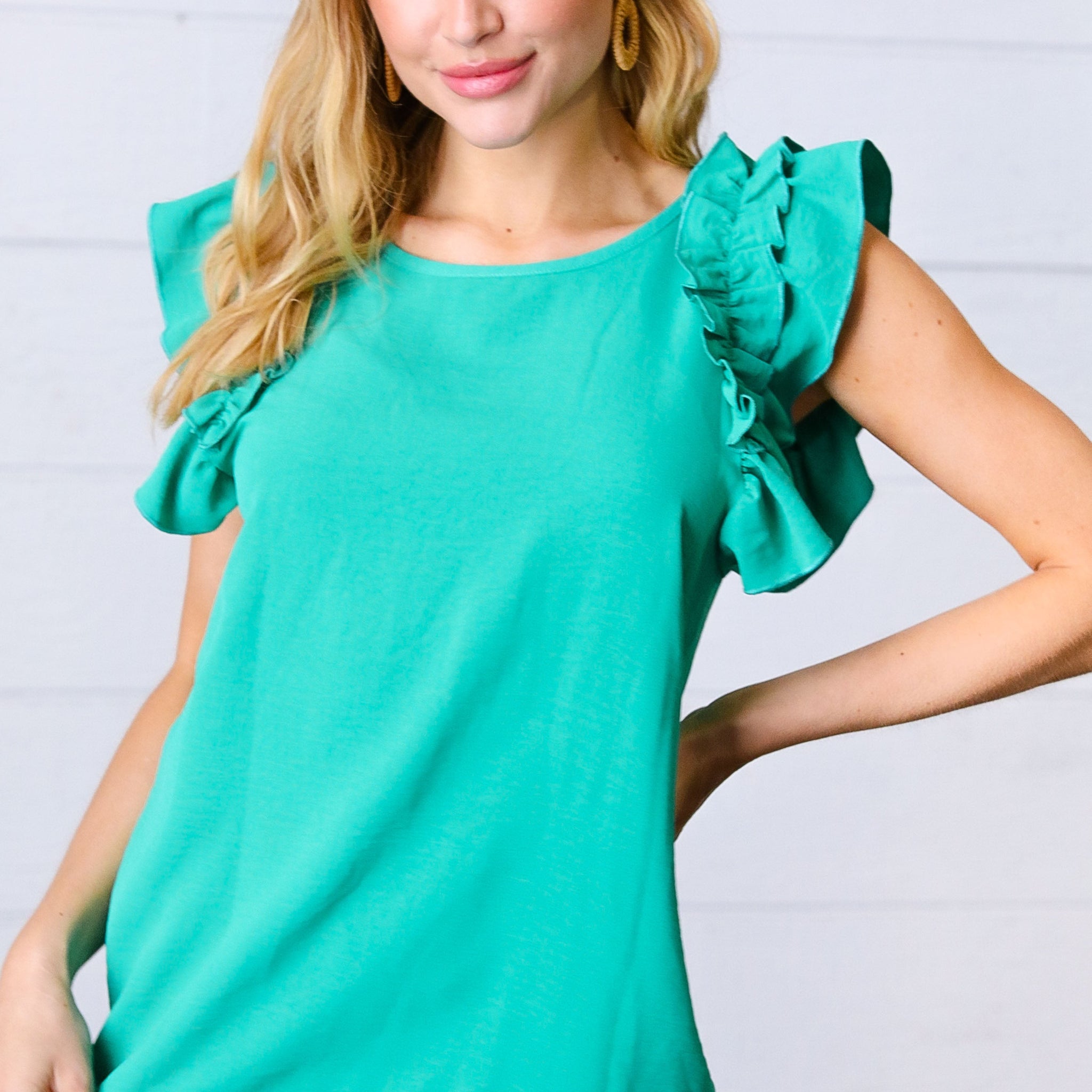 Kelly Green Double Ruffle Sleeve Crinkle Top (Open Pack)