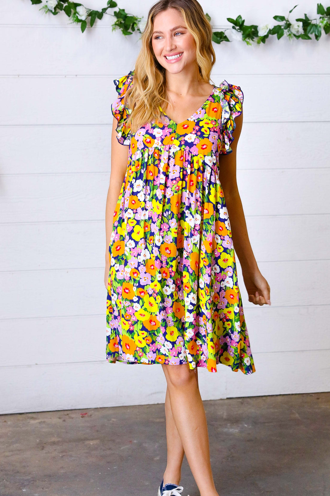 Indigo & Lemon Floral Babydoll Ruffle Dress (Open Pack)