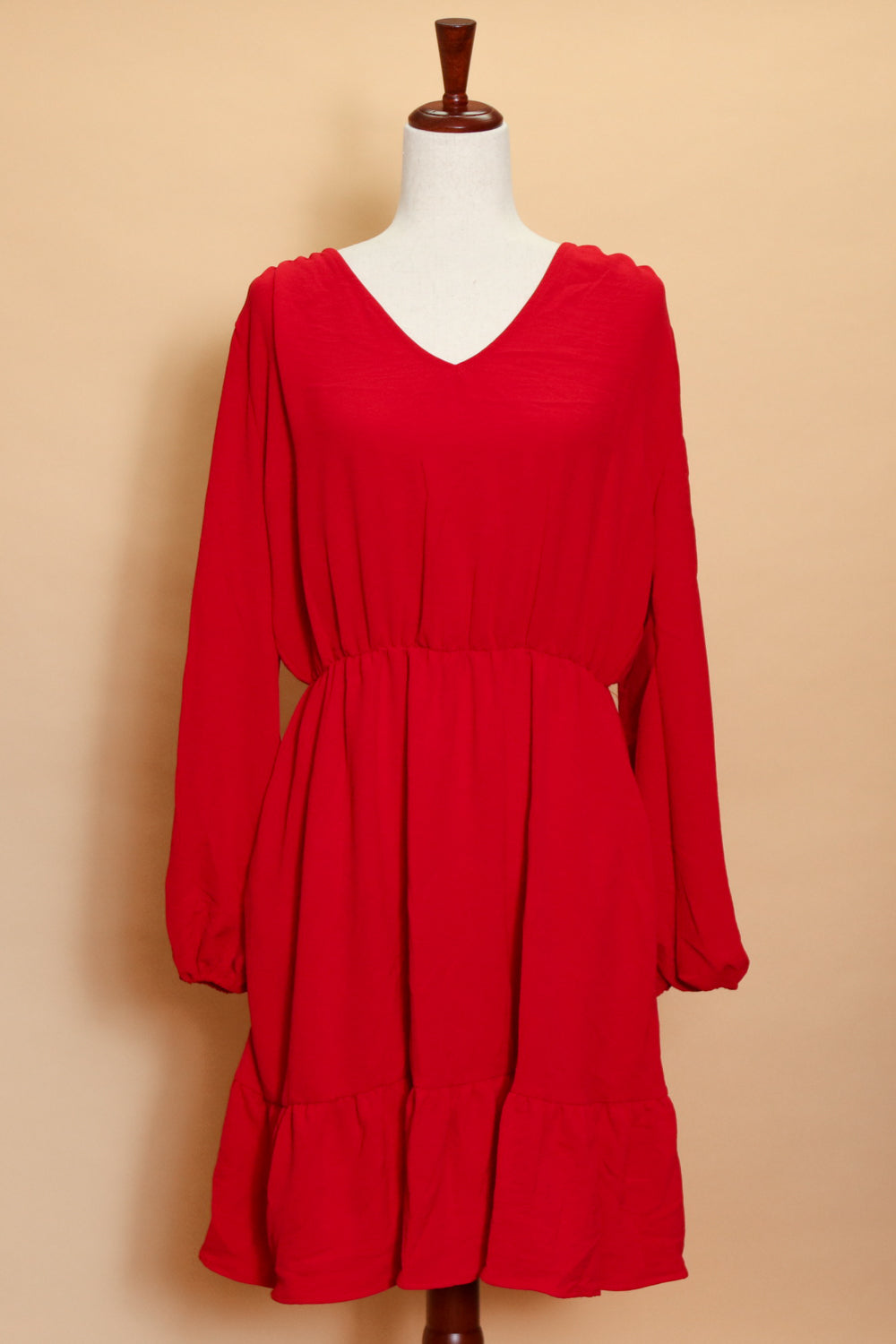 Red Long Sleeve V Neck Dress (5pc)