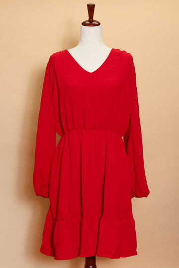 Red Long Sleeve V Neck Dress (5pc)