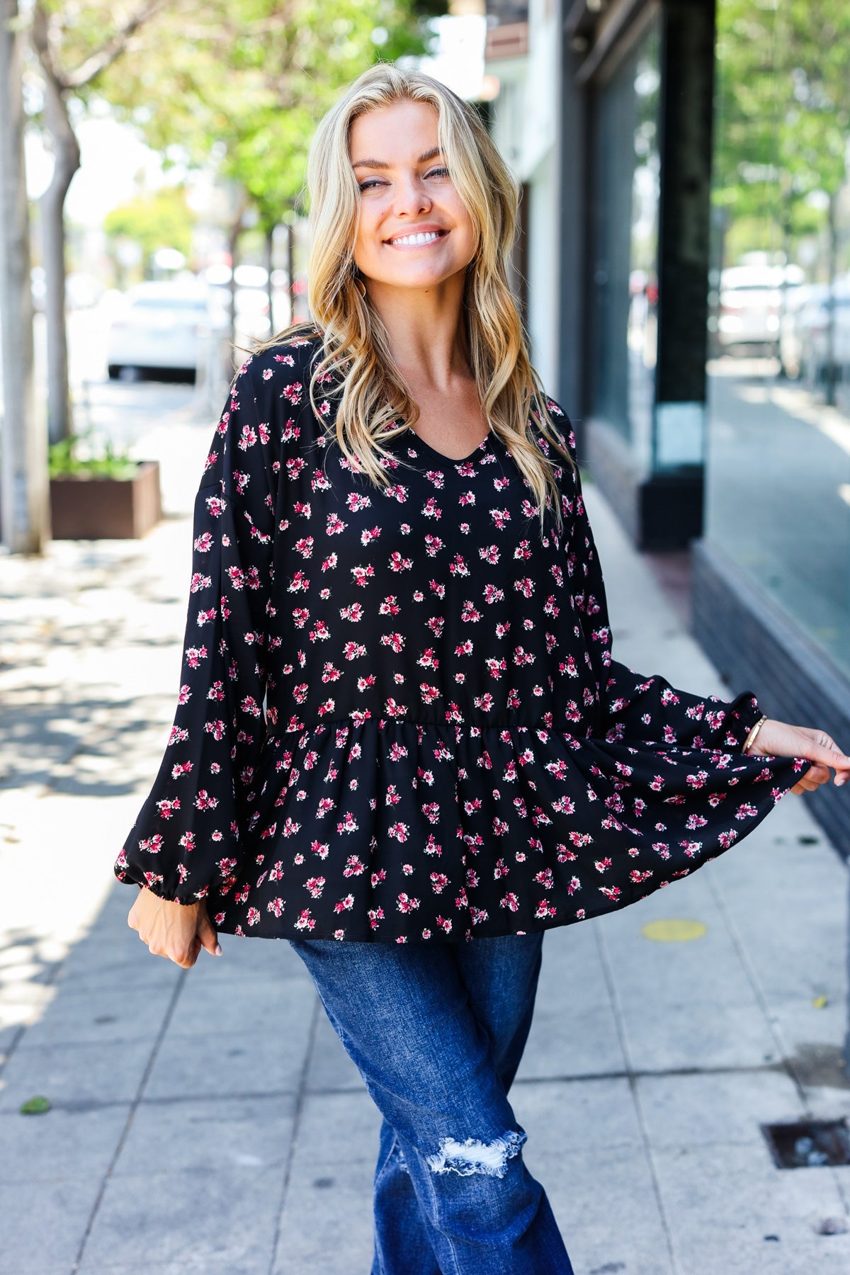 Black Sheer Dainty Floral Babydoll Blouse