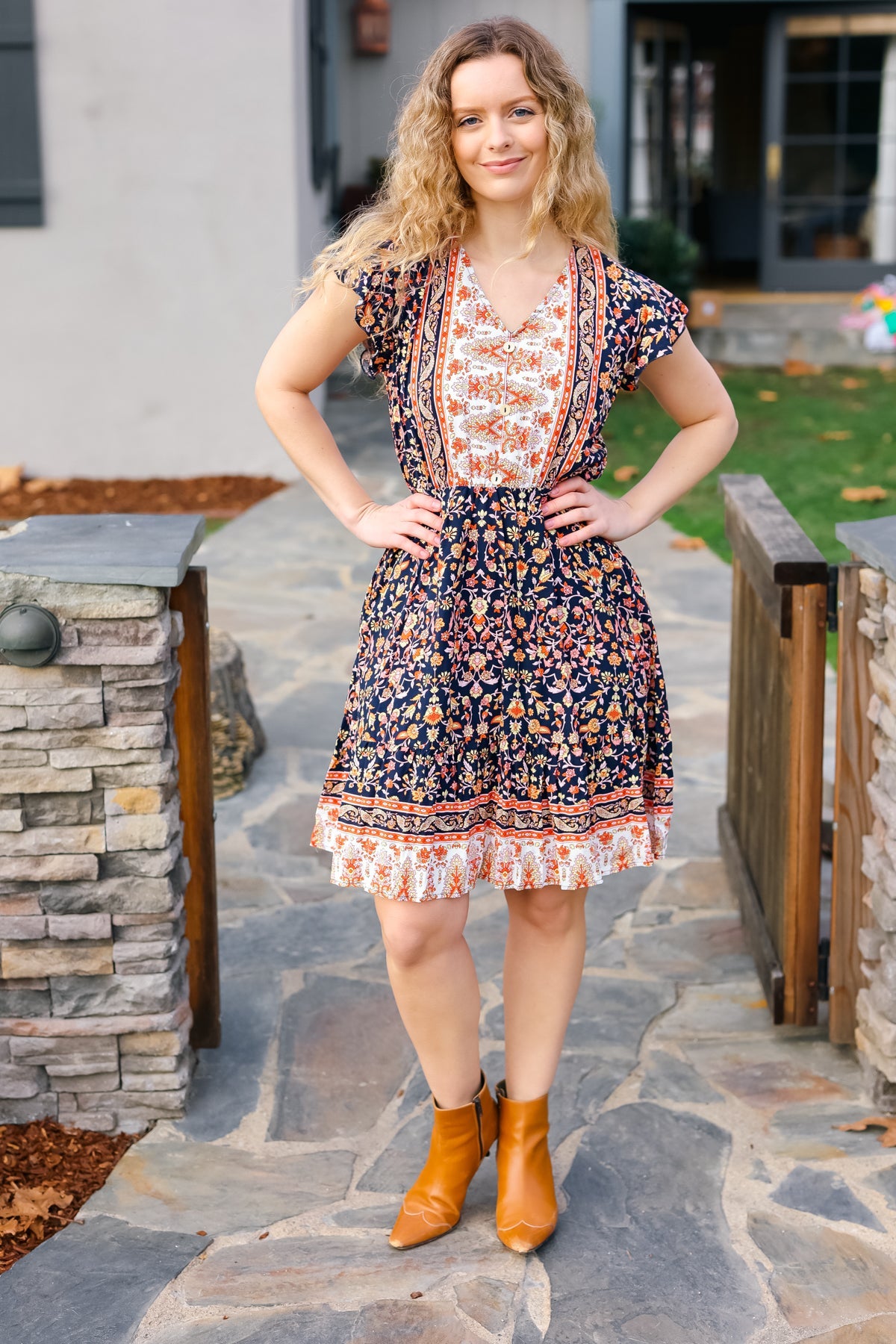 Navy Orange Buttoned Short Sleeve Floral Pocketed Dress