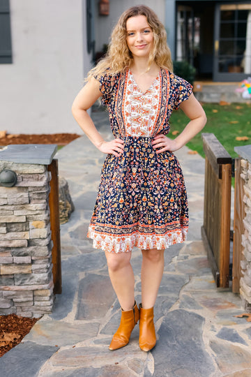Navy Orange Buttoned Short Sleeve Floral Pocketed Dress