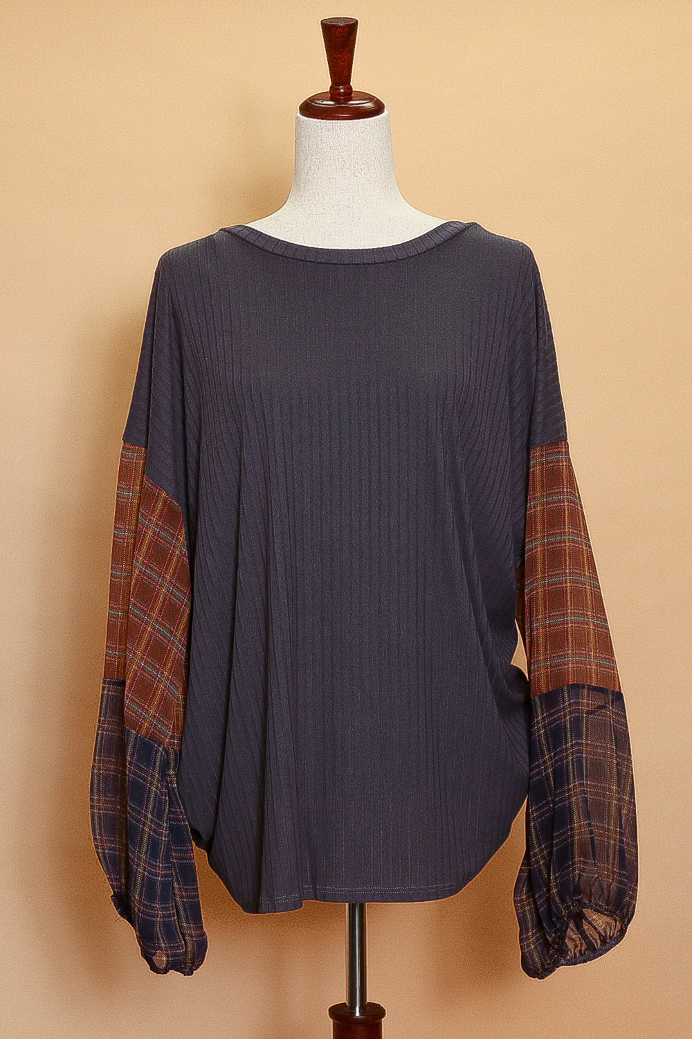 Plus Ribbed Plaid Sleeve Blouse