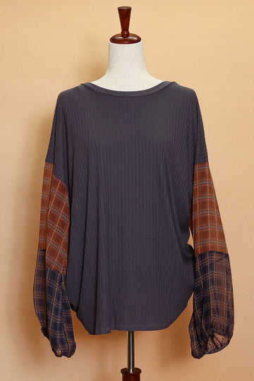 Plus Ribbed Plaid Sleeve Blouse