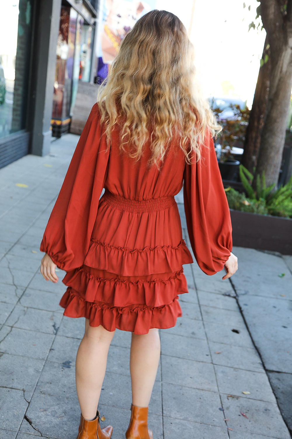 Rust Smocked Waist Tiered Ruffle Lined Dress (Open Pack)