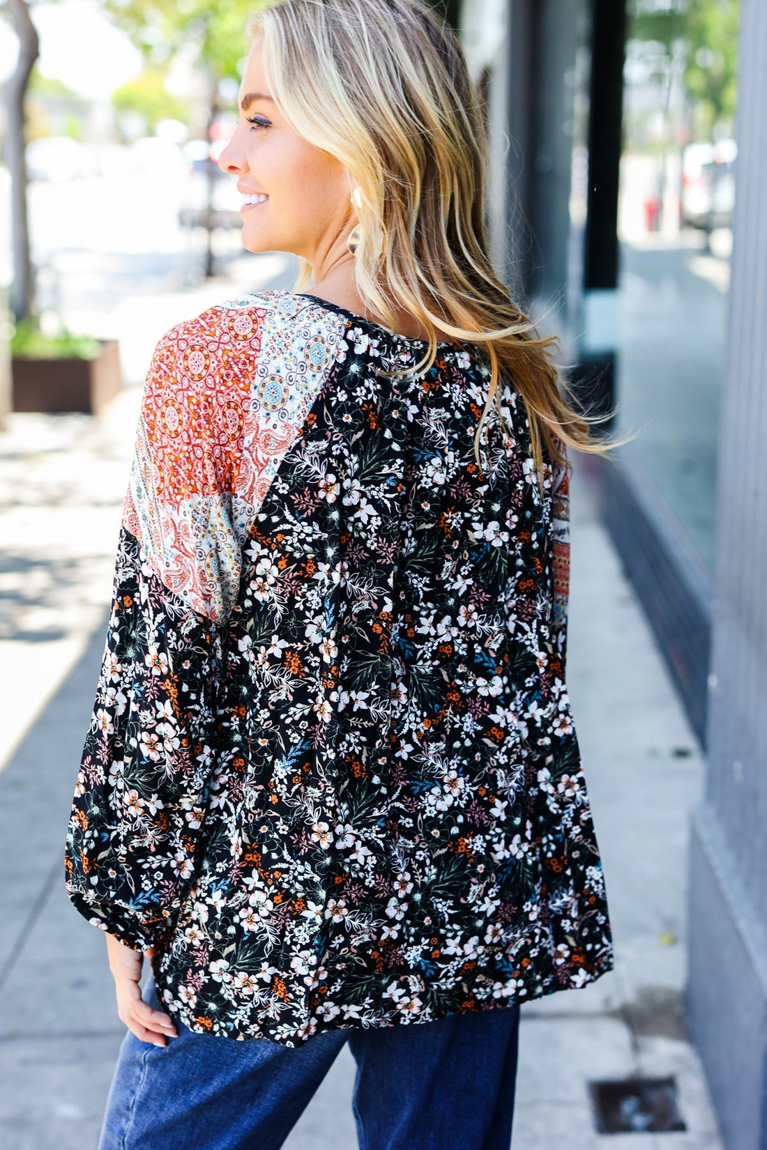 Boho Floral Ethnic Print Front Tie Woven Blouse (Open Pack)